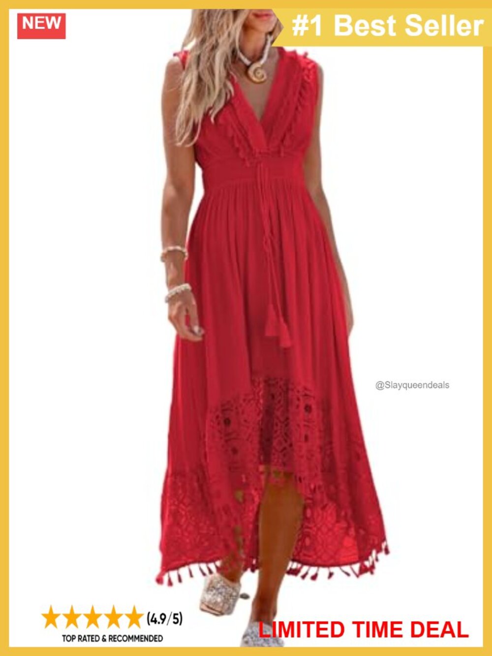 CUPSHE Maxi Dress V Neck Sleeveless Lace Tassel Smocked Waist Formal Beach